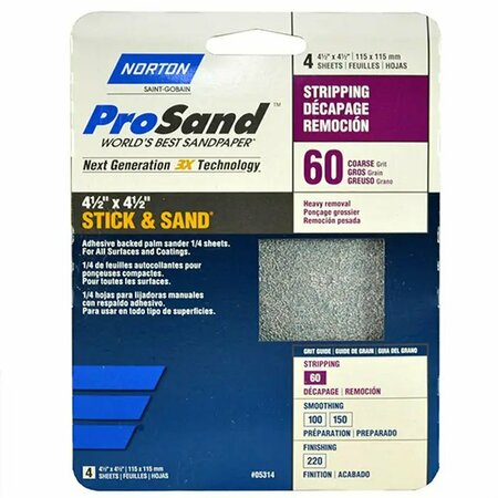 NORTON CO 4-1/2" x 4-1/2" ProSand Stick & Sand Sanding Sheet 60-Grit, PK 4 05314